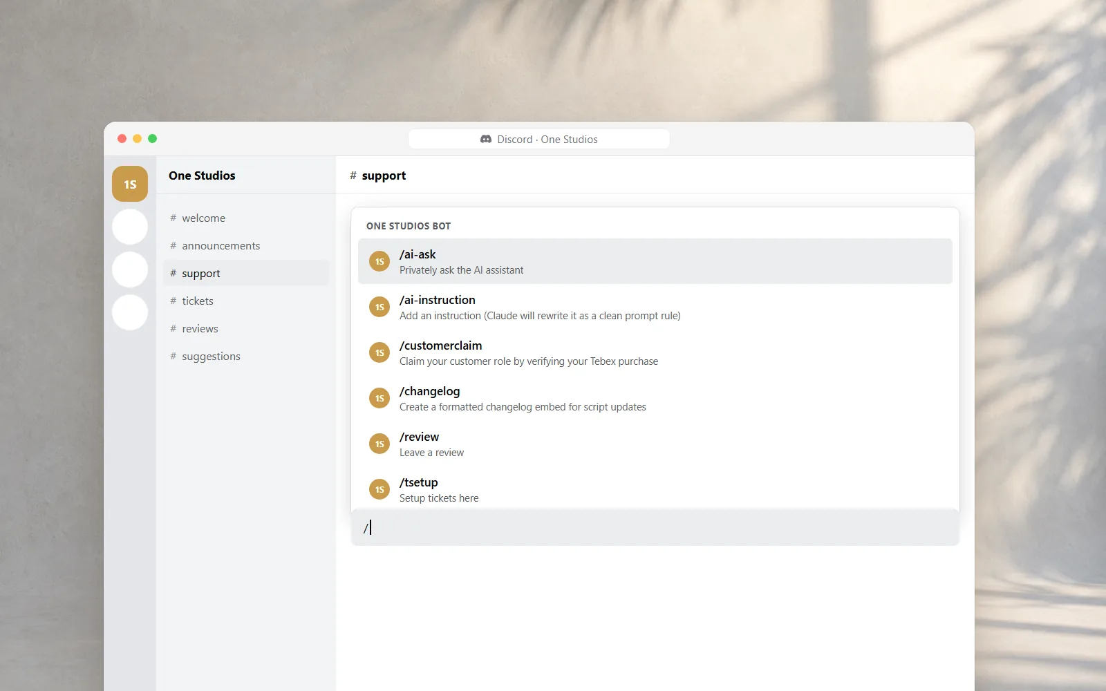 One Studios Discord Bot, AI-support die antwoordt vanuit de documentatie