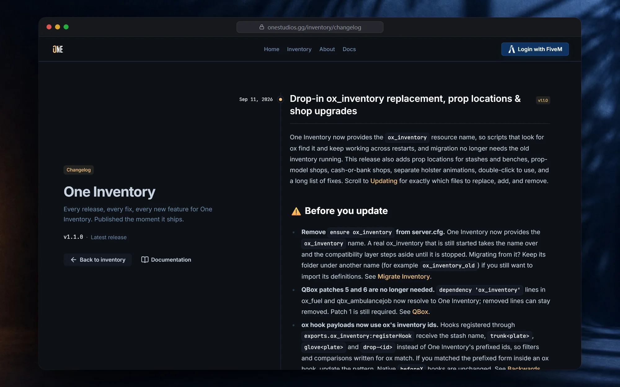 De changelog van One Inventory op onestudios.gg met een release met datum en de updatenotities