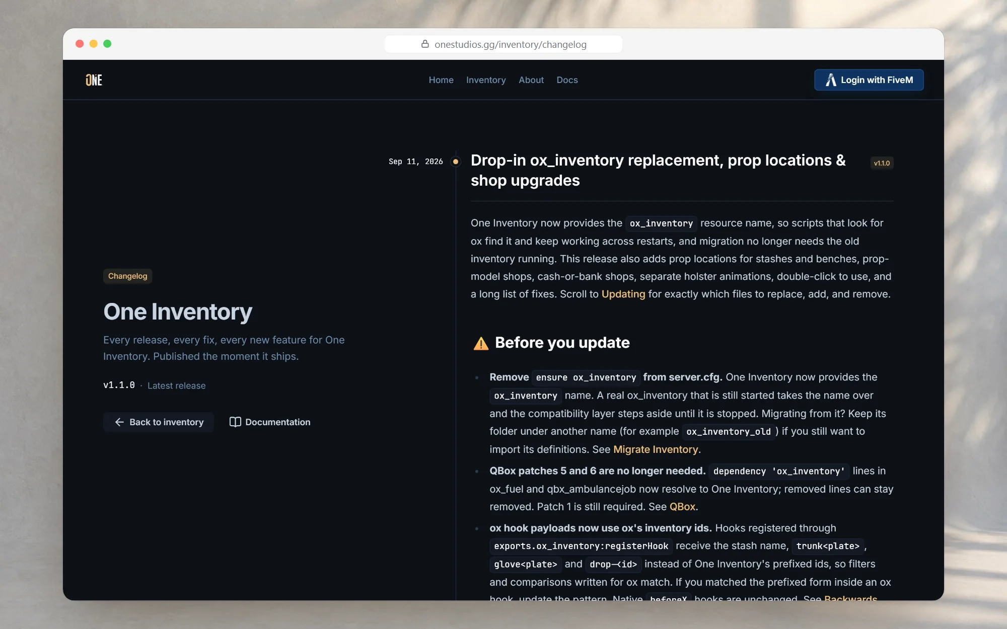 De changelog van One Inventory op onestudios.gg met een release met datum en de updatenotities