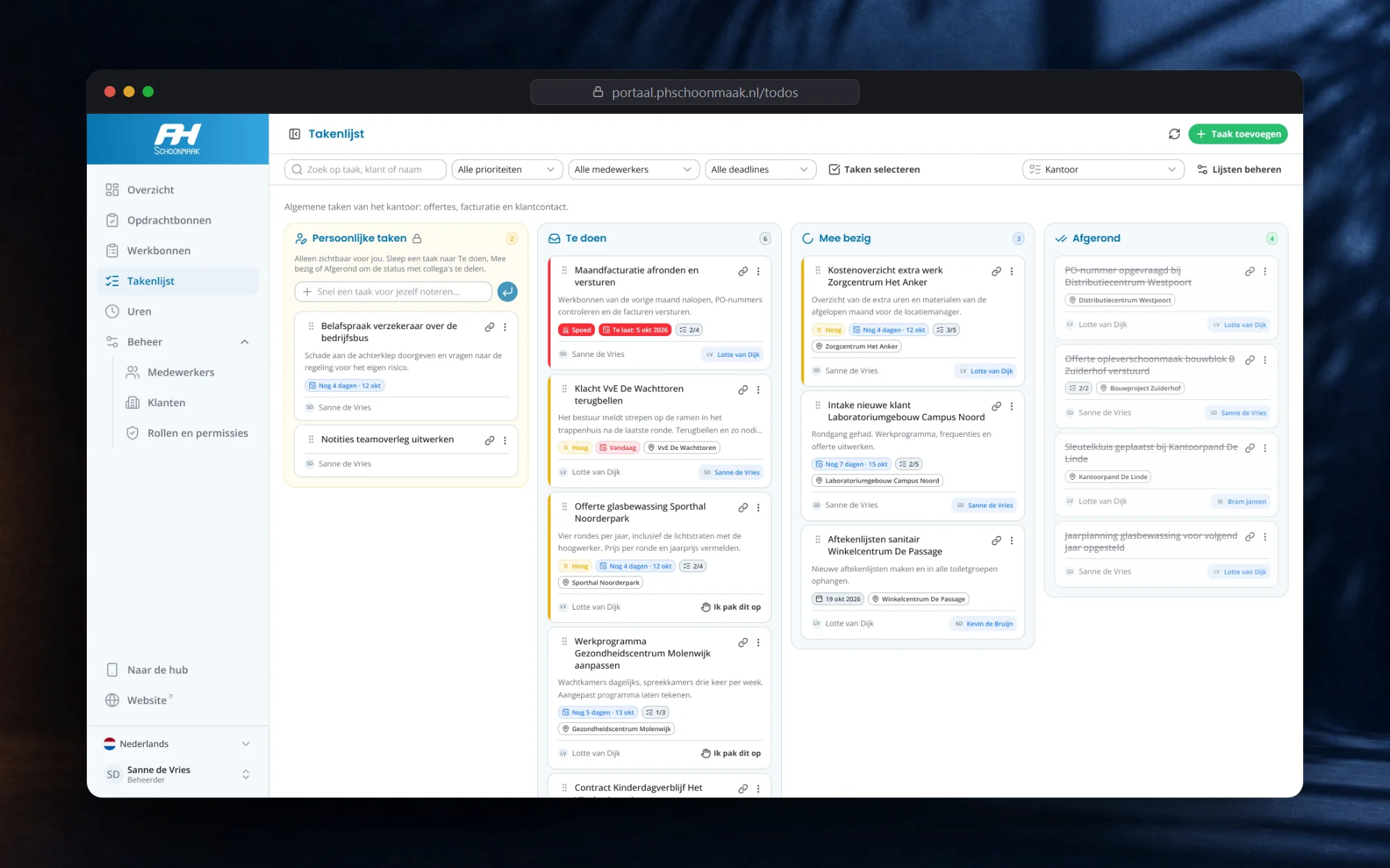 A kanban task board for the office, with priorities, deadlines and checklists