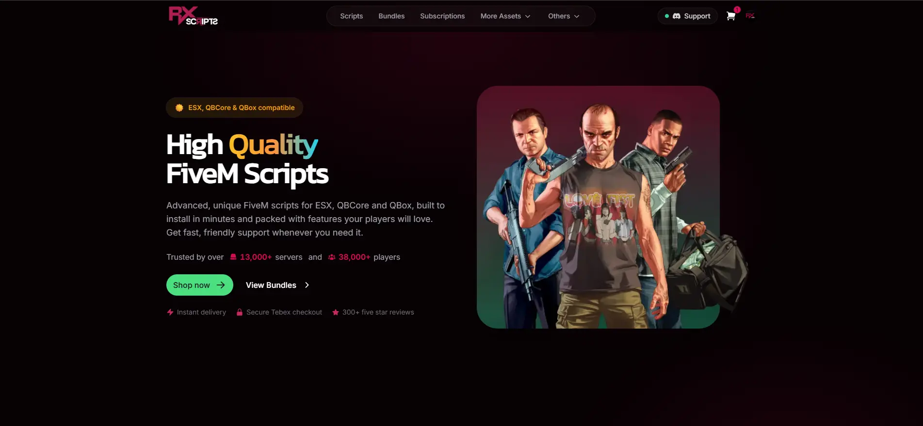 RX Scripts storefront, a custom Tebex Headless webstore built by SolwareX